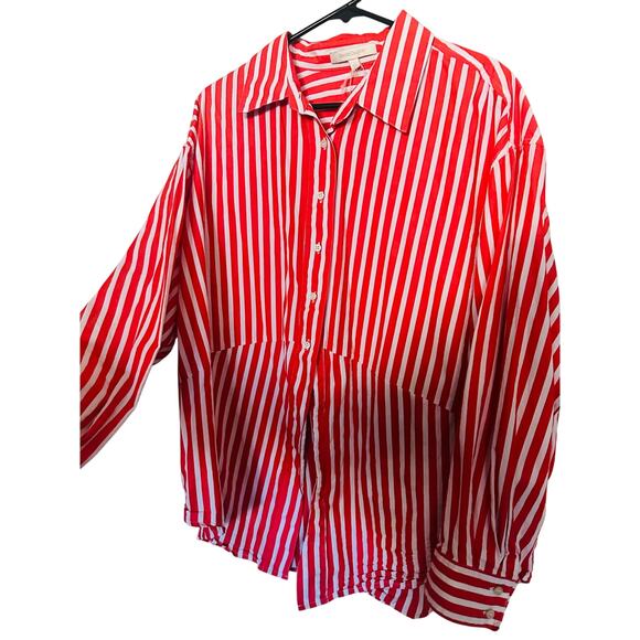 FAVORITE DAUGHTER Red White Stripe Pattern Front Button Open Hem Shirt sz Large - Picture 11 of 13